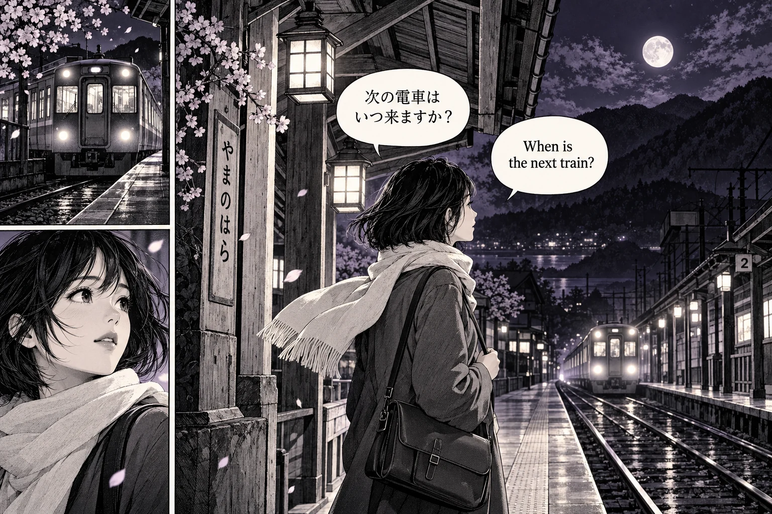 Original manga illustration of a traveler beside a night train, with a mountain town in the distance.