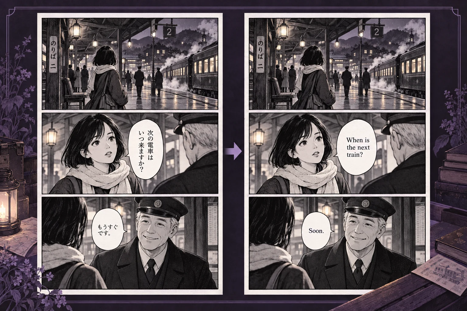 Illustrated manga translation example: the same original scene with Japanese dialogue and English dialogue.